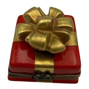 Limoges France Hinged Trinket Box Red Gold Gift Present Bow Collectible